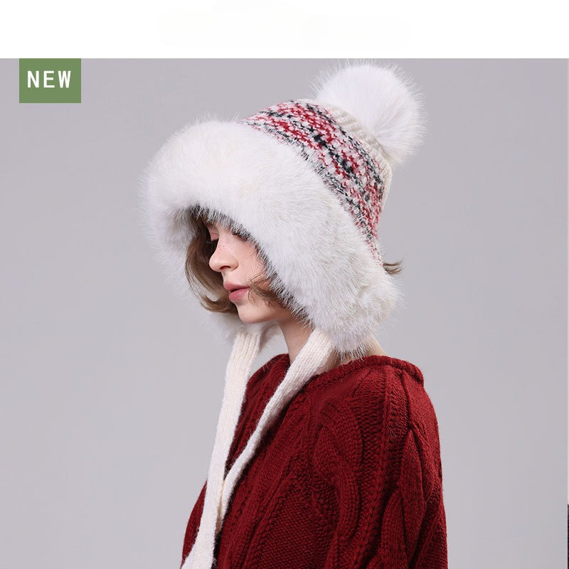 Trapper Hat Ear Flap - Damen Flauschige Strick-Trapper-Mütze mit Fellbommel und
